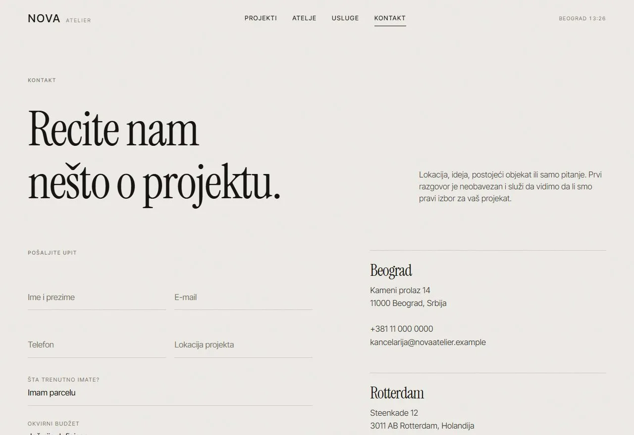 Kontakt stranica sa formom i podacima ateljea