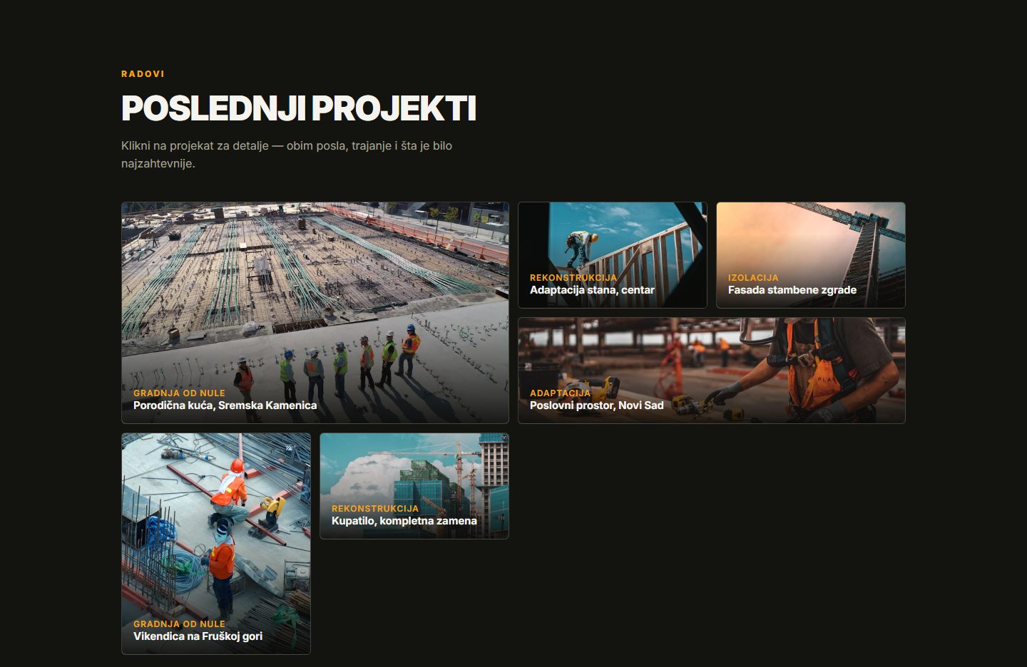 Screenshot koncept sajta Gradnja Kos — galerija izvedenih projekata