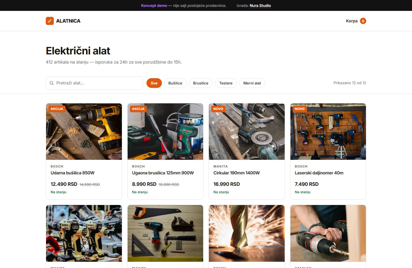 Screenshot koncept sajta Alatnica — katalog alata sa filterima i pretragom