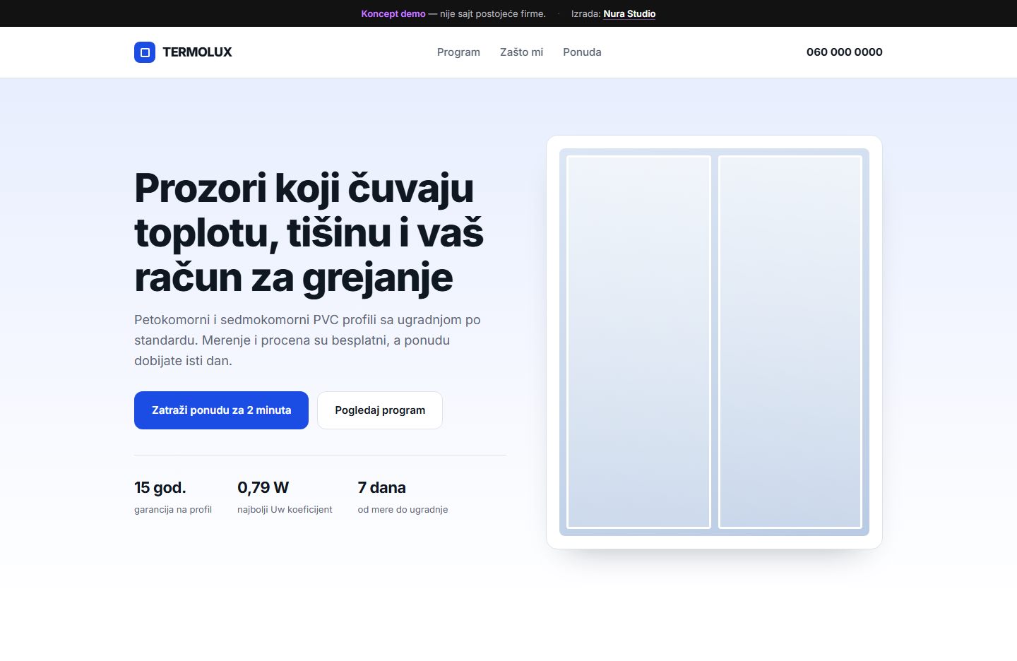 Screenshot koncept sajta Termolux — PVC stolarija, hero sa formom za ponudu