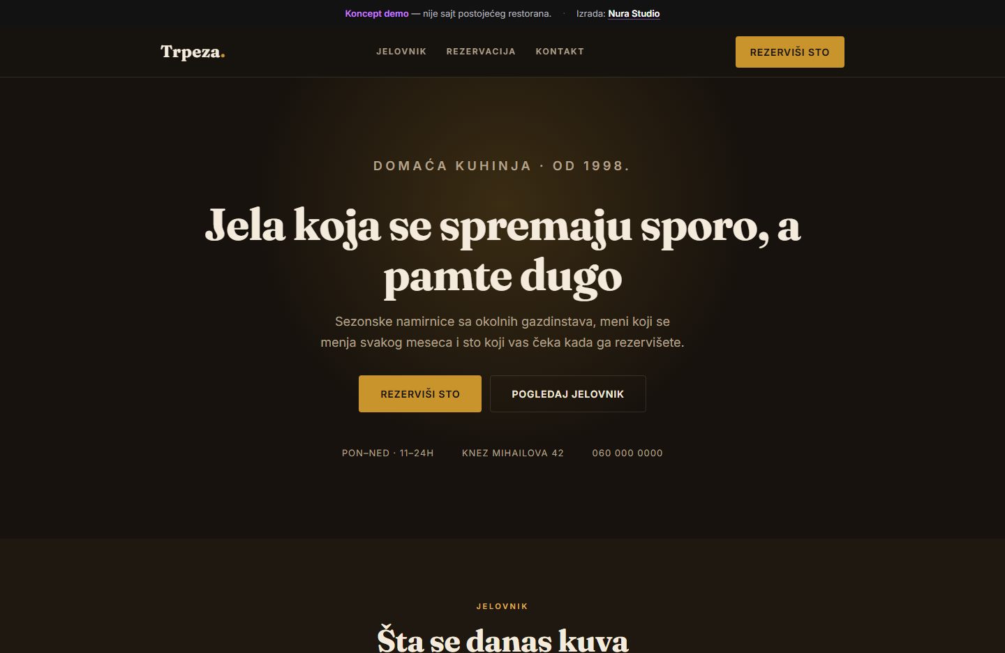 Screenshot koncept sajta Trpeza — jelovnik i rezervacija stola