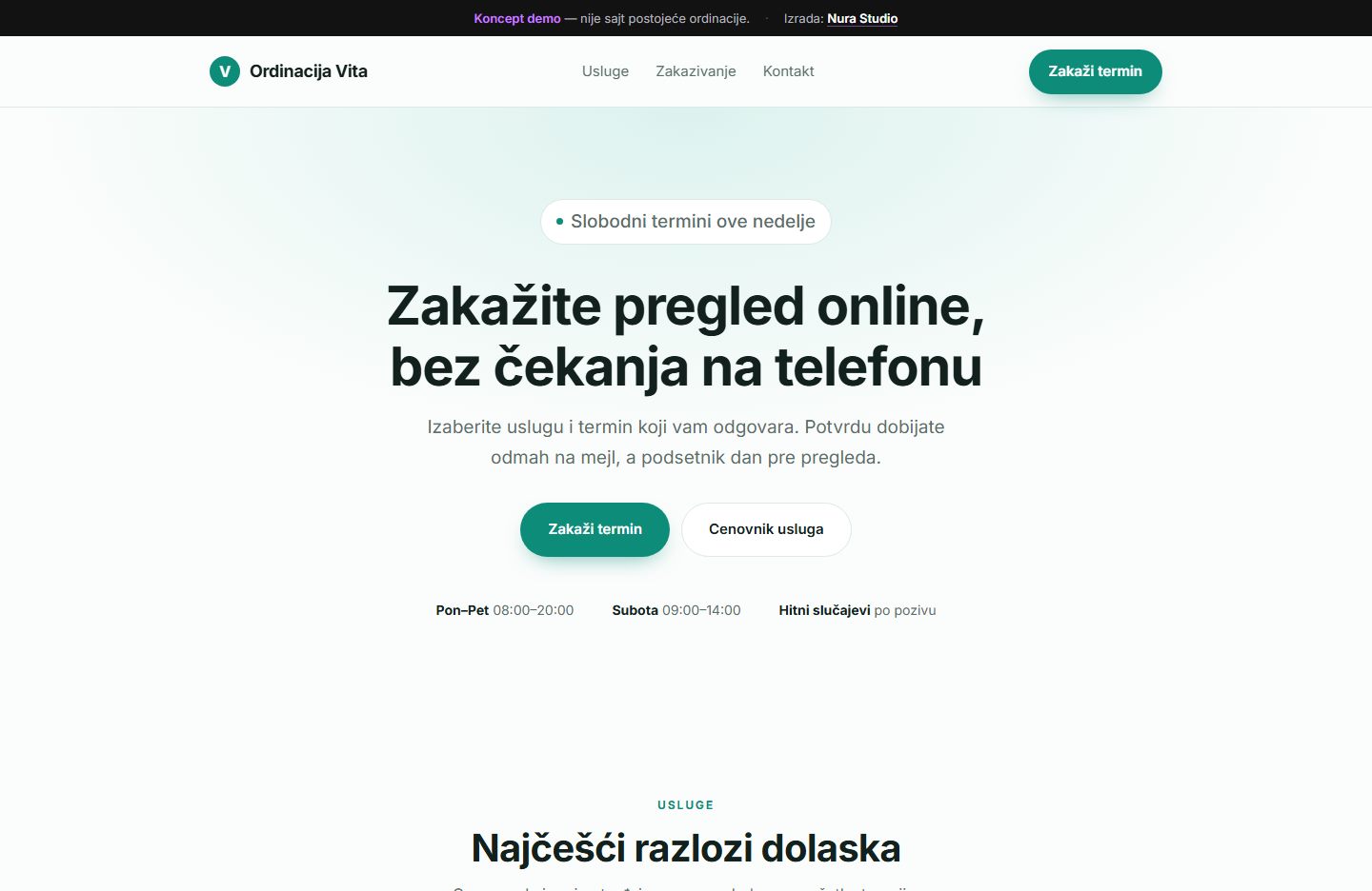Screenshot koncept sajta Ordinacija Vita — online zakazivanje termina